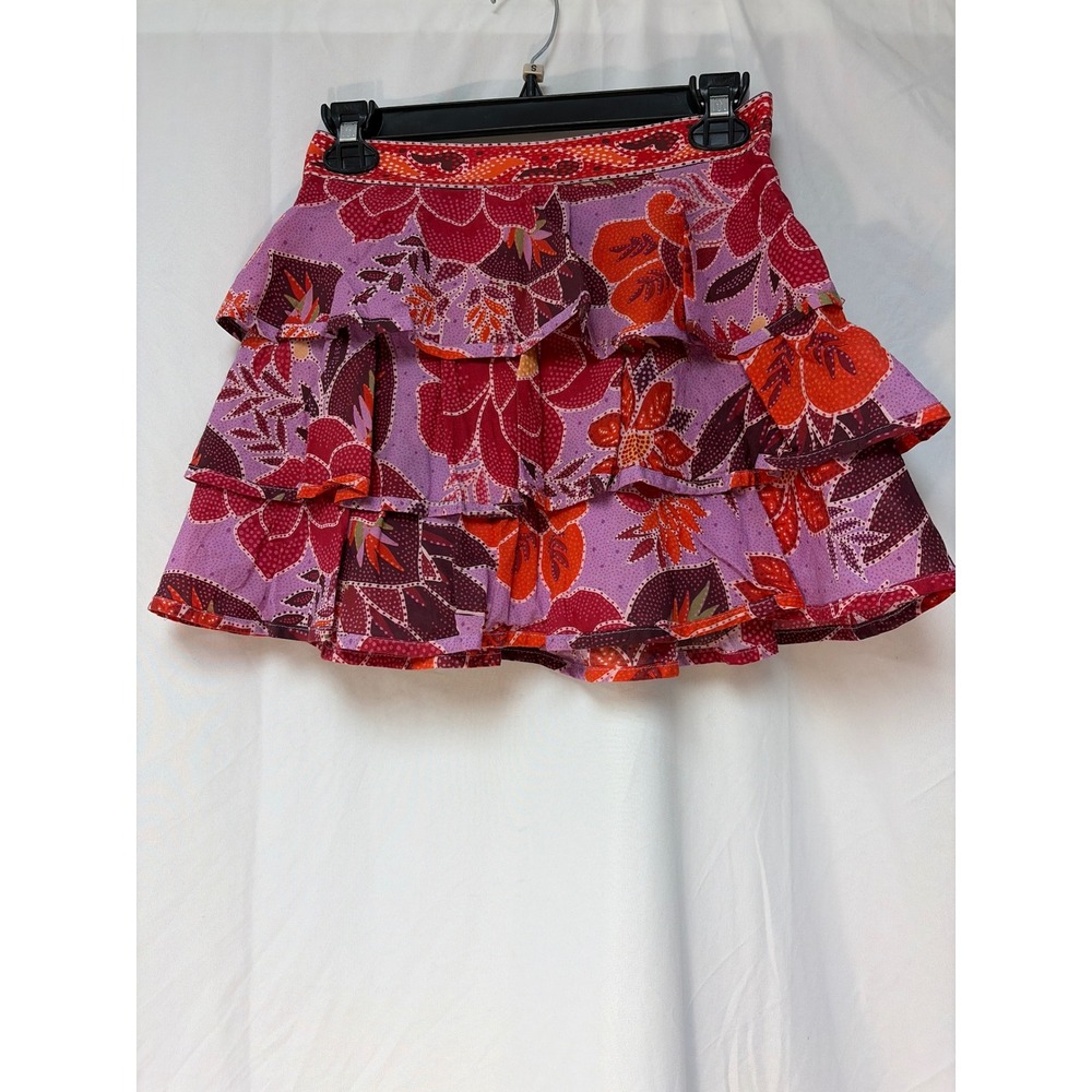 Farm Rio Purple Red Tropical Floral Tiered Ruffle Mini Skirt XS